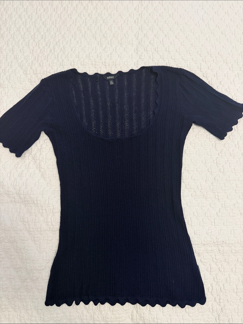 Buffalo David Bitton Navy Ribbed Scoop Neck Short Sleeve Top